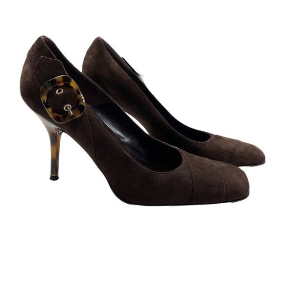 Via Spiga Vintage Italy Chocolate Brown Suede Tortoise Shell Buckle Pumps Sz 10 - Picture 3 of 9
